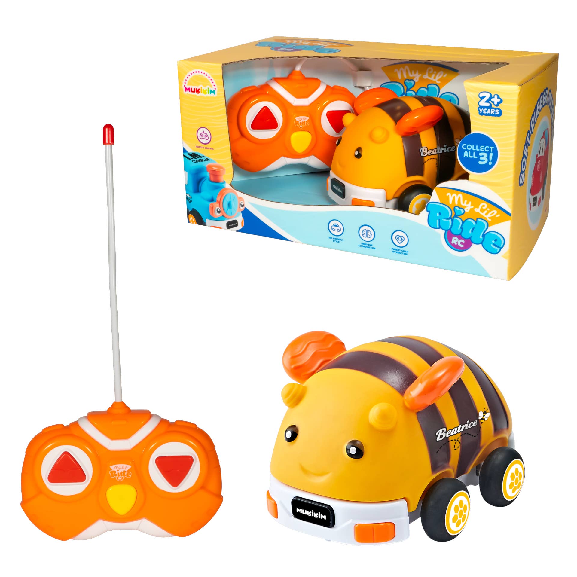 No frills, soft plastic, easy to use remote control cars for 2+. Beatrice the Bee is the perfect first RC car for a child's small hands.