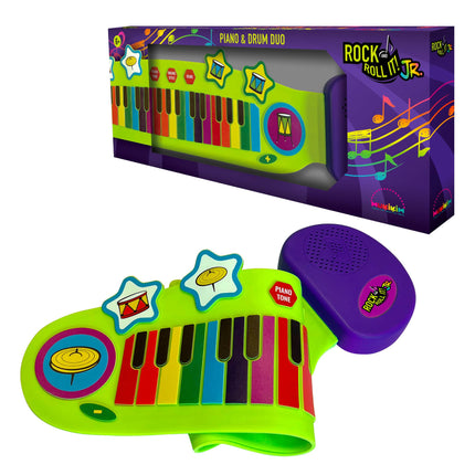 Jr Piano And Drum Duo - Portable Flexible Piano & Drum Pad For Ages 3+ Kids! - Blend piano and drum elements for children's exploration - Flexible & portable silicone pad design ensures that music travels with them – whether at home, during playdates, or family outings! - 32 standard keys, a built-in speaker, and battery operation / a range of piano tones, drum styles, and over 20 demo music pieces - Promote creativity, hand-eye coordination, and enhance cognitive skills and spark curiosity in diver