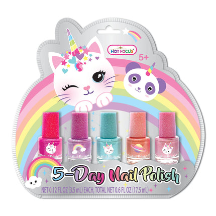 5 Scented Nail Polishes The perfect gift for any girl who loves scented sparkly nails! Featuring scented water-based peel off nail polish, no harsh chemicals needed to remove it. Contains: * 5 Scented Nail Polishes
