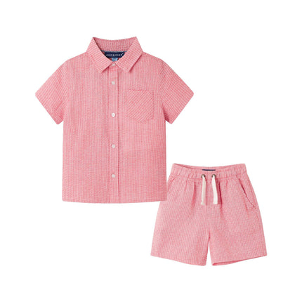 Kids Short Sleeve Buttondown & Short Set | Coral Seersucker