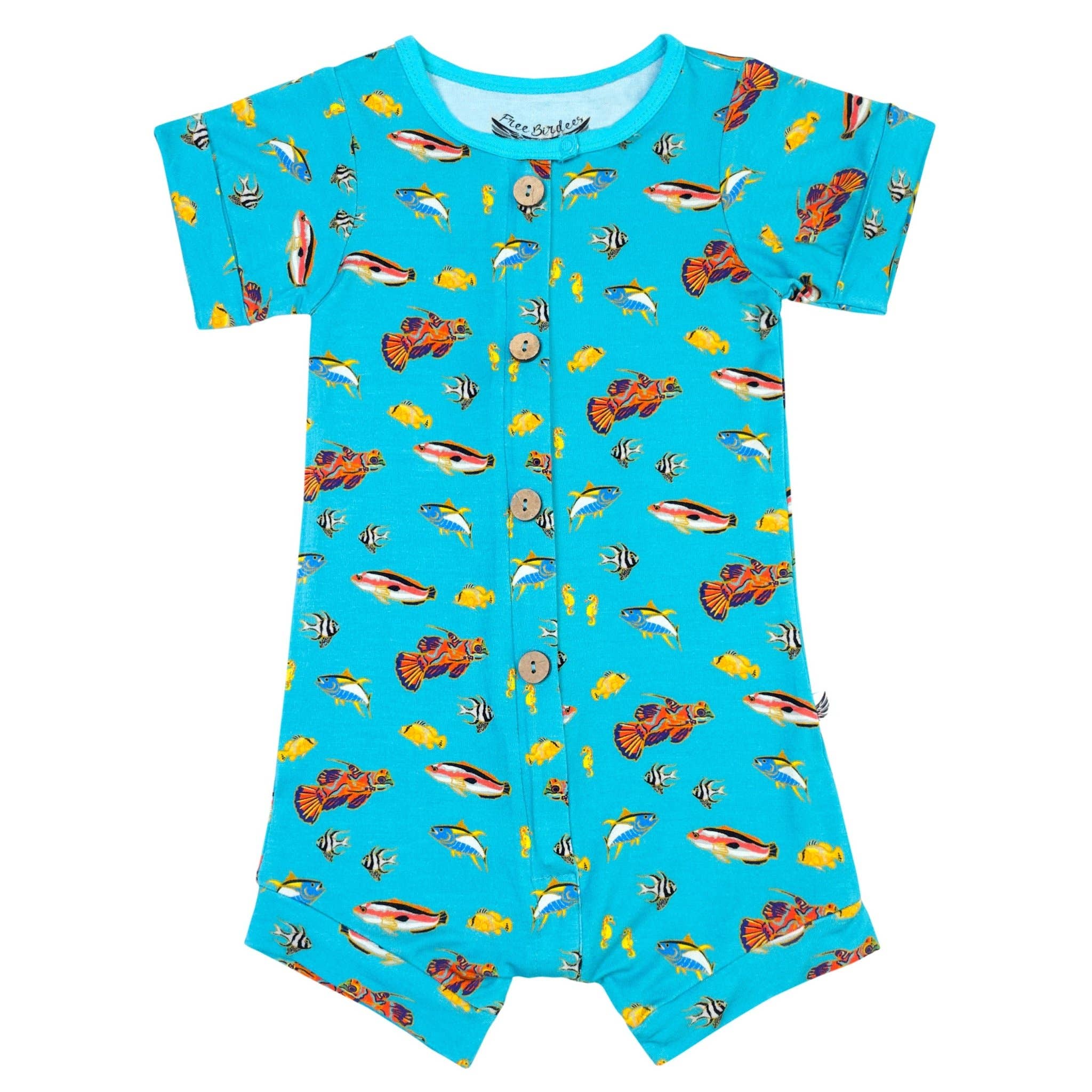 Calypso Fish Short Two-Way Zippy Romper with Faux Buttons