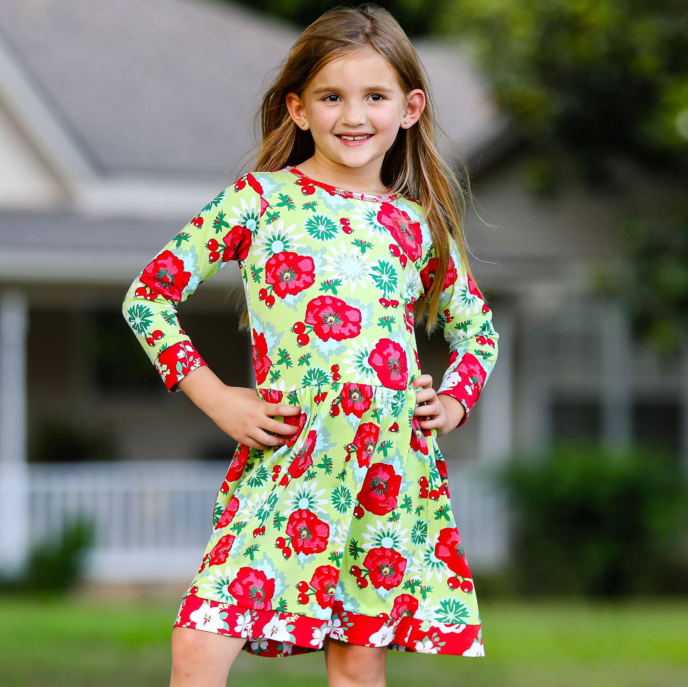 AnnLoren Girls Christmas Red Floral Cotton Holiday Dress