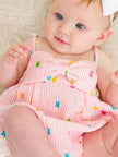 Baby Girls Pink Bunny Stripe Cotton Gauze Bow Front Bubble Woven Romper