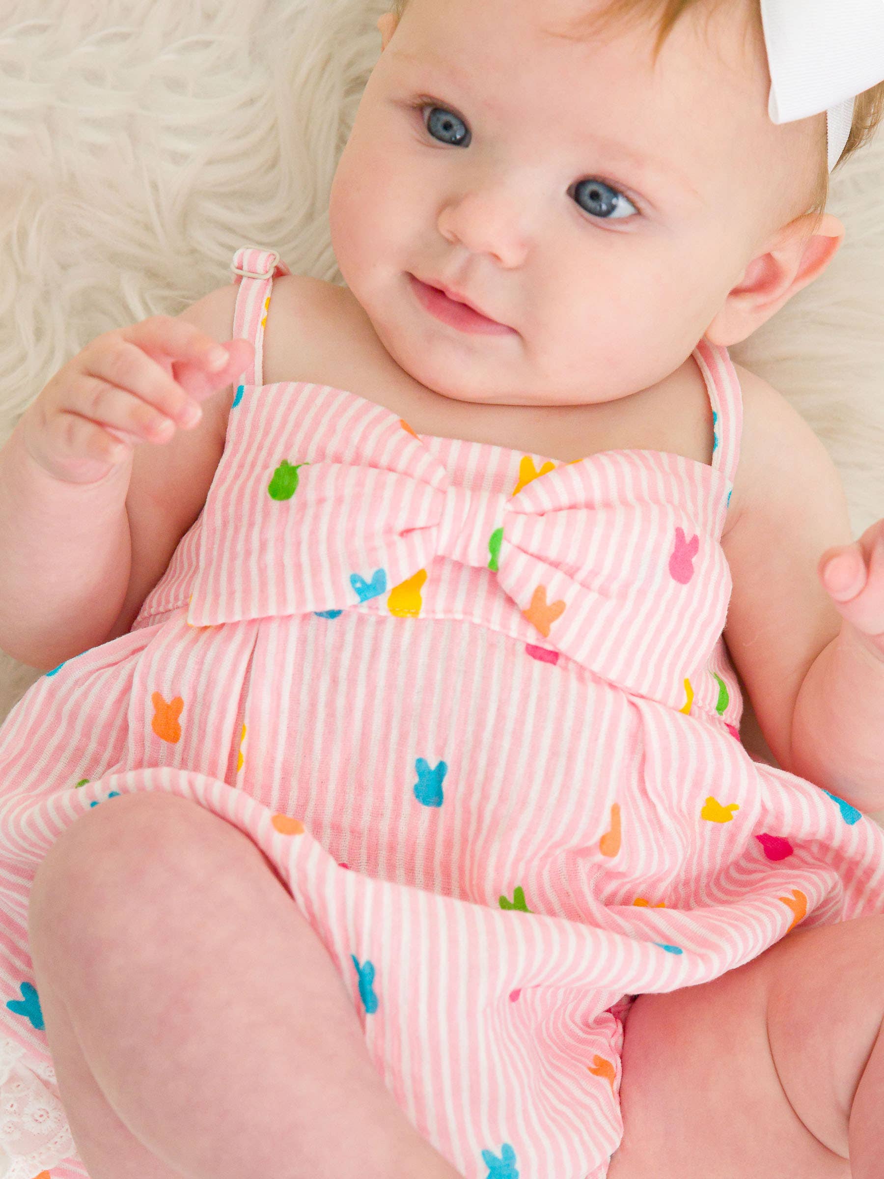 Baby Girls Pink Bunny Stripe Cotton Gauze Bow Front Bubble Woven Romper
