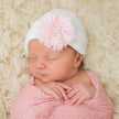 White Hat Pink Frayed Flower Newborn Hat