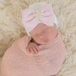 White Baby Beanie with Pink Bow and Rhinestone Pearl