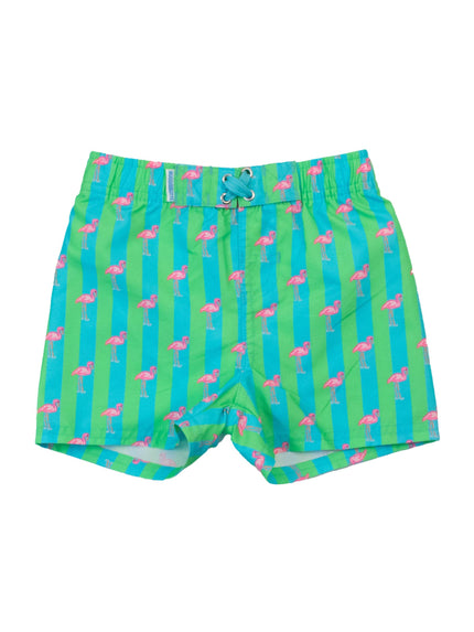 Neon Flamingo Stripe Swim Trunks
