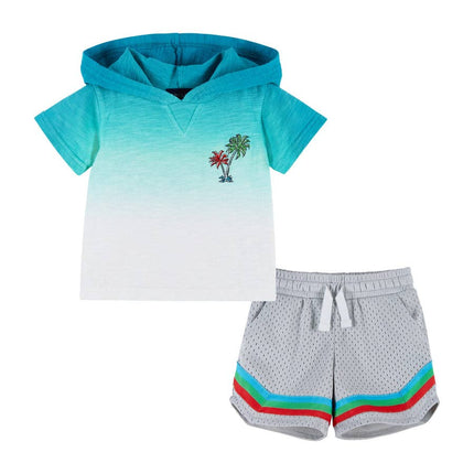 Palm Trees Hooded Tee Set - Aqua Ombre