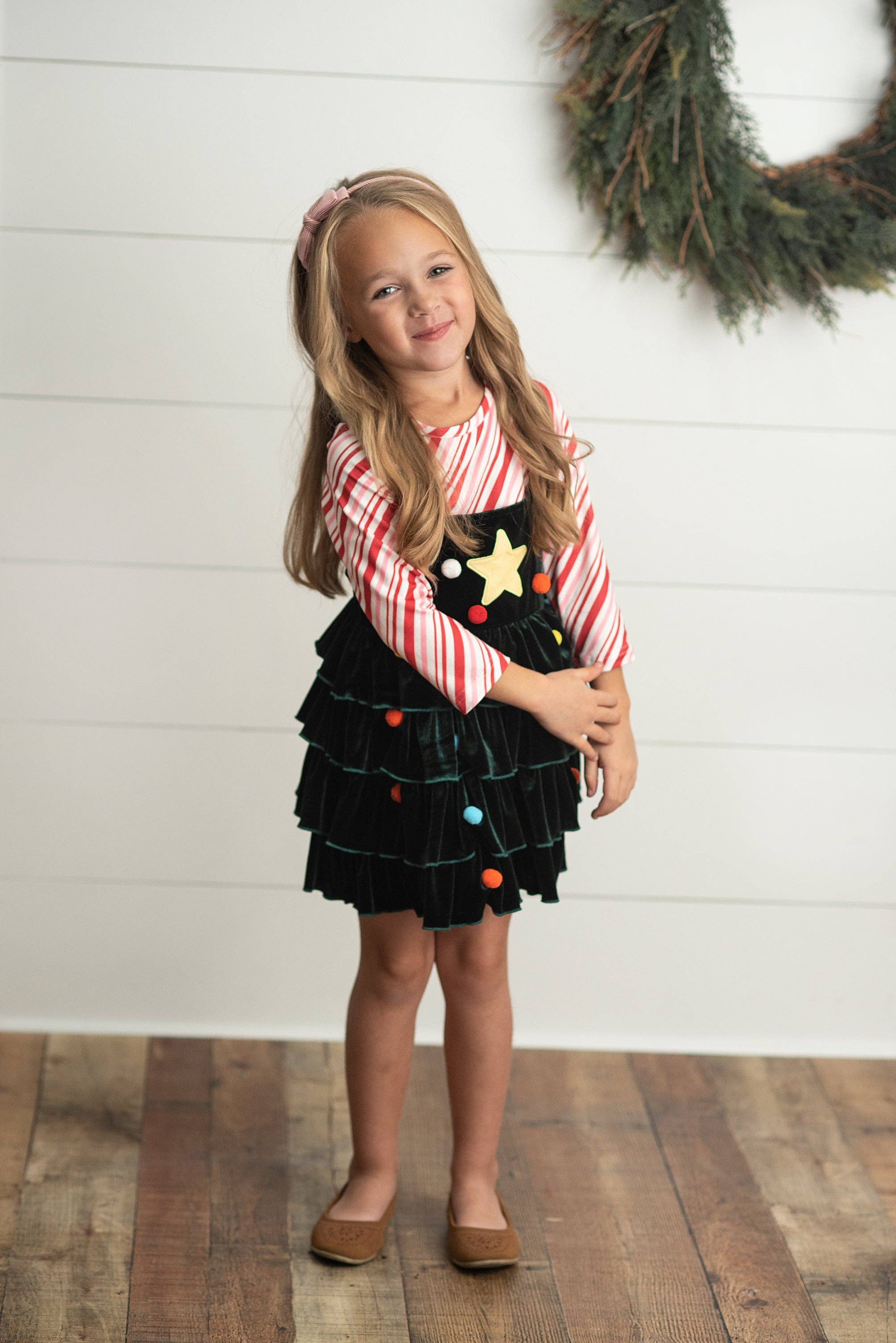 Kids Candy Cane & Velvet Christmas Tree Holiday Dress Set