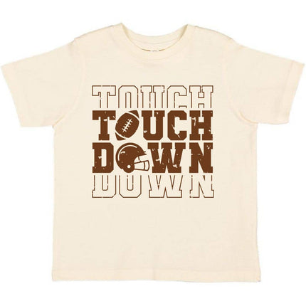 The Touchdown Echo Short Sleeve T-Shirt is a fun and handsome t-shirt for kids celebrating Game Day! Features: * Shirt Color: Natural * Graphic Color: Brown * Material: 100% Cotton * Features: Tagless inside neck label for an itch-free wear * Fit: Toddler Unisex; True to Size * Care: Machine washable, tumble dry low, wash with like colors Each t-shirt is hand pressed with love in our hometown warehouse.