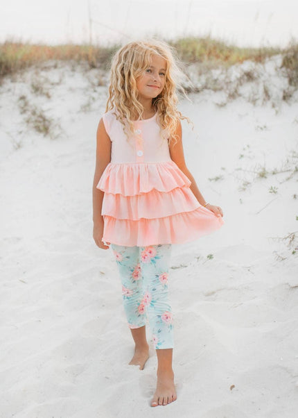 Peach Teal Floral Tiered Ruffle Button Spring Set