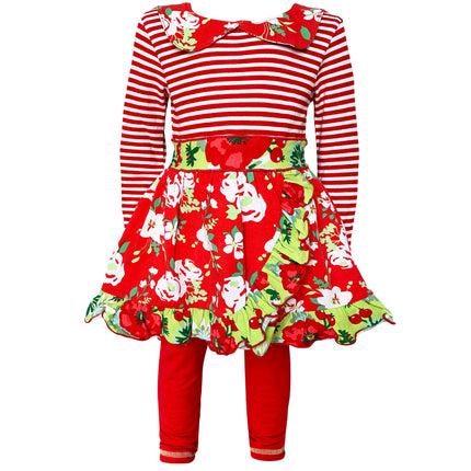 Girls Red Floral Stripes Christmas Dress & Leggings