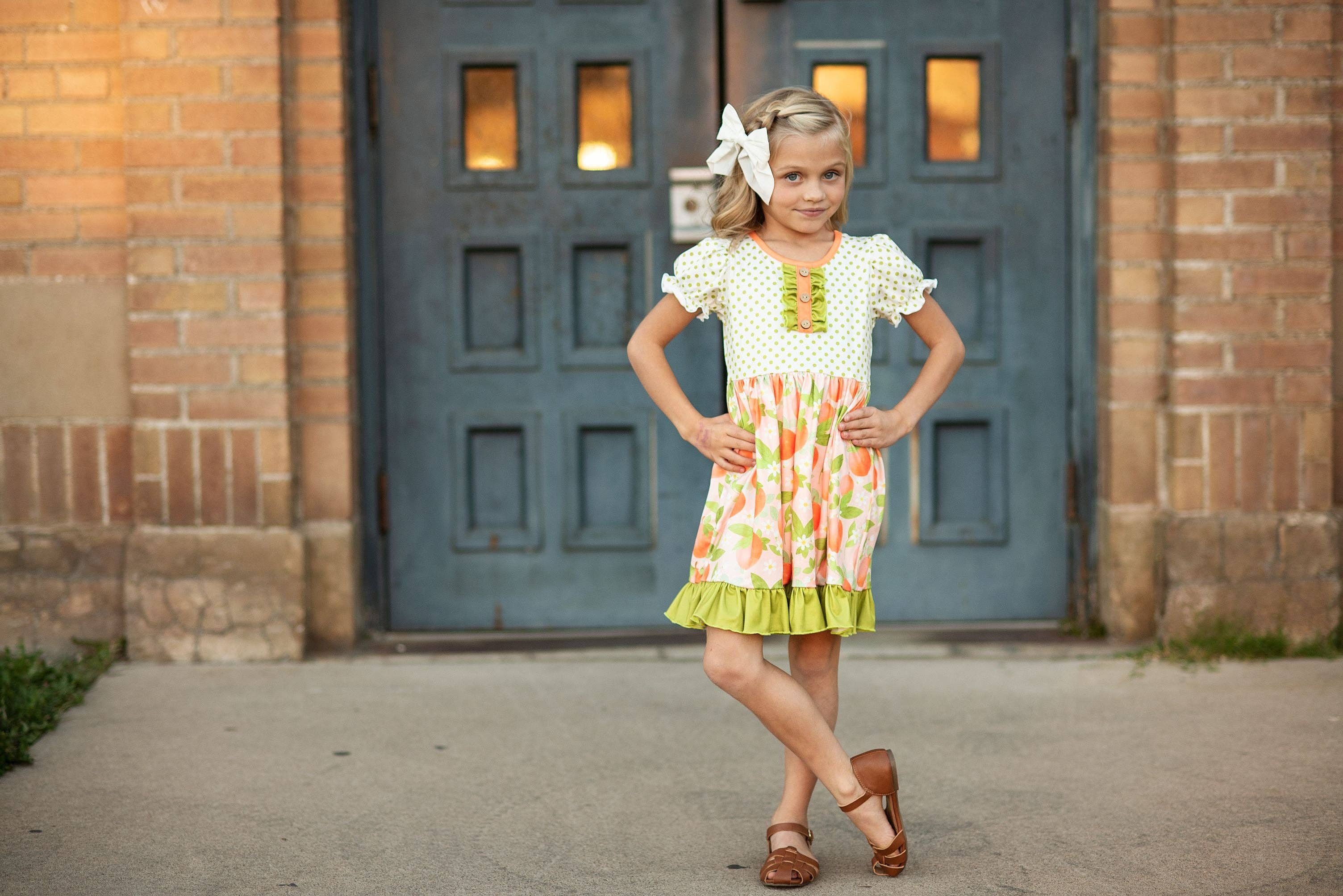 Kids Tangerine Blossom Spring Easter Ruffle Button Dress