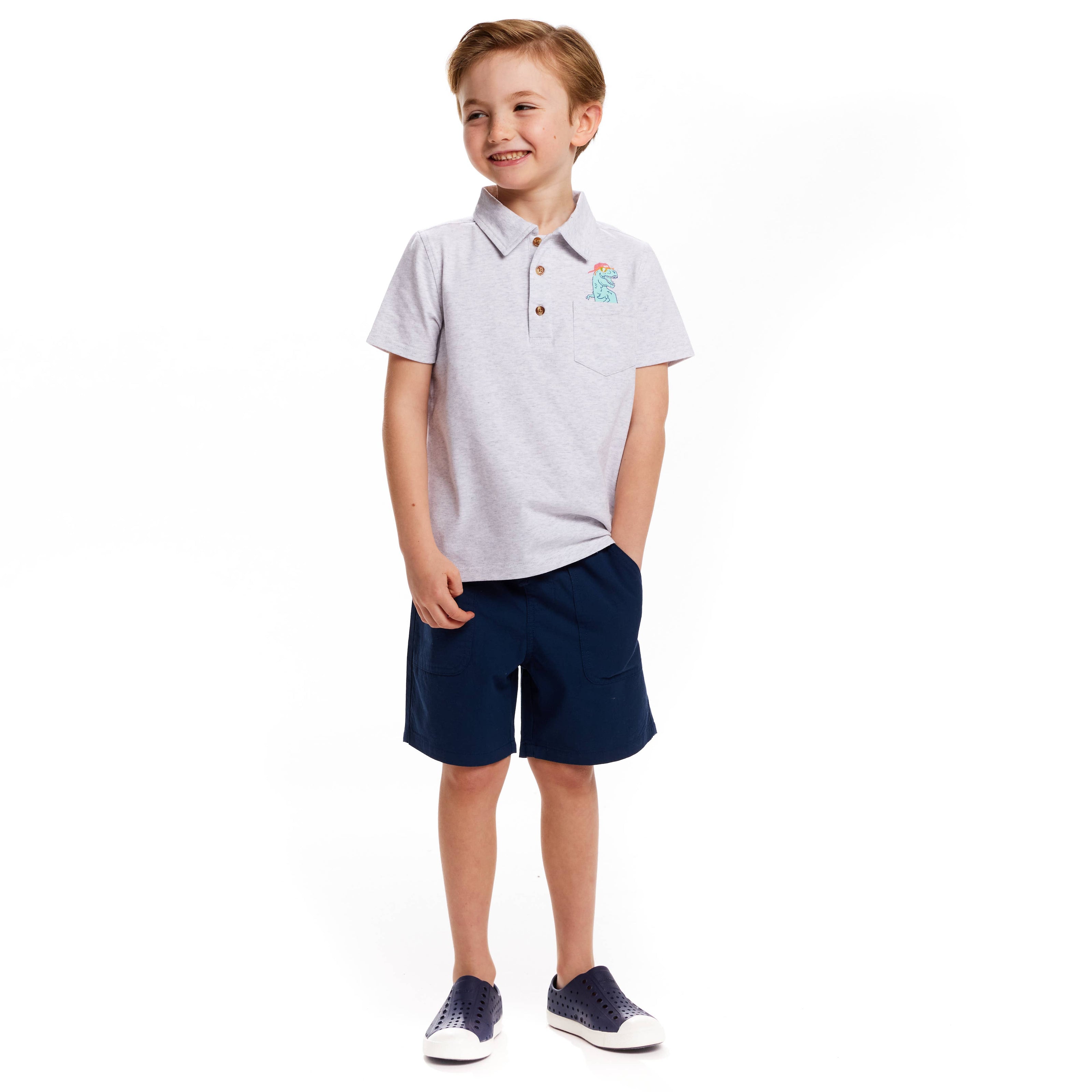 Boys Toddler Gray Dino Playful Pocket Polo Shirt