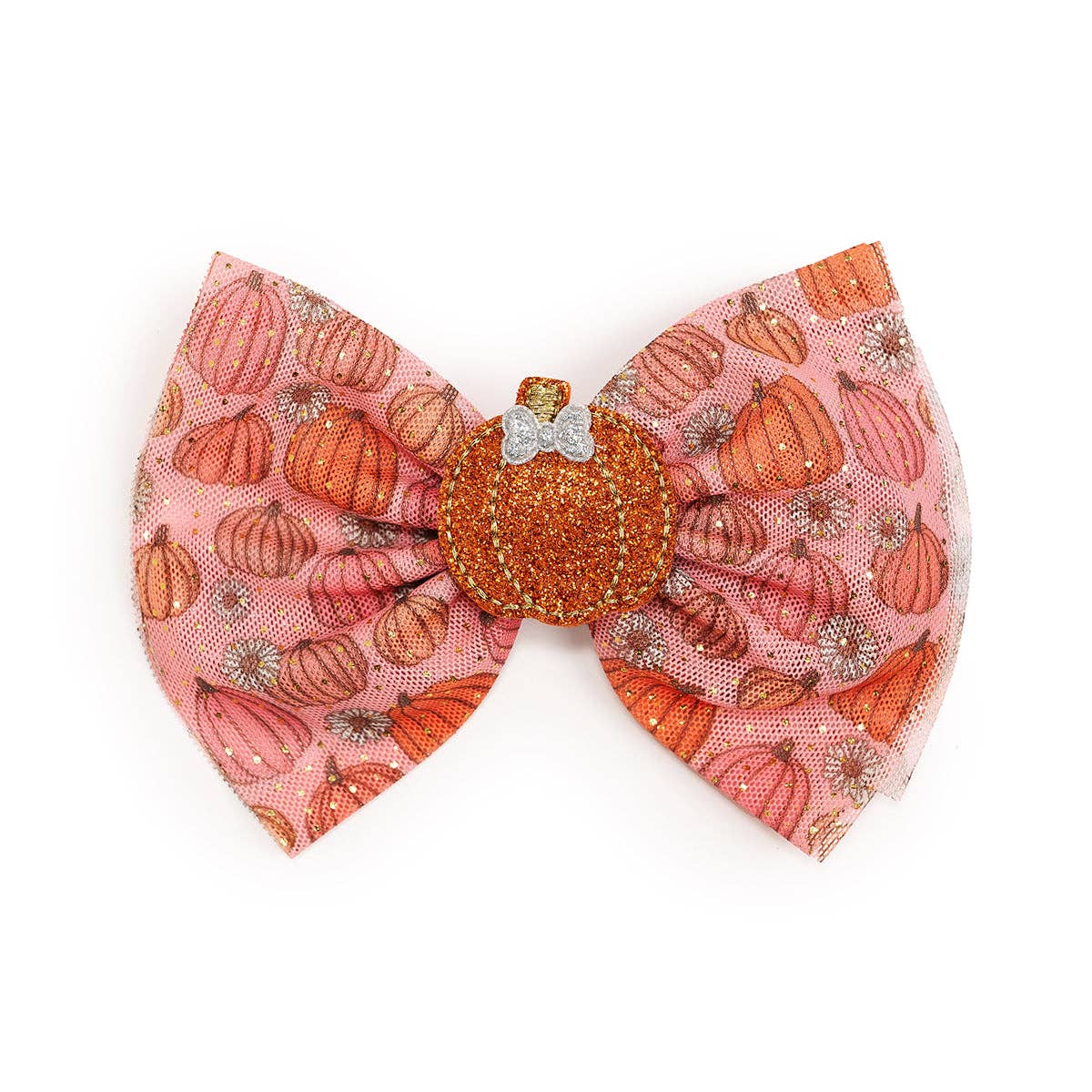 Every little girl needs the perfect hair clip to complete her look! The Pumpkin Daisy Blush Tulle Bow Clip is the perfect hair accessory for celebrating Fall. Features: * Pumpkin daisy printed tulle bow with gold glitter pin dot accents * Ribbon-covered alligator clip to grip the hair * Glitter accents are 