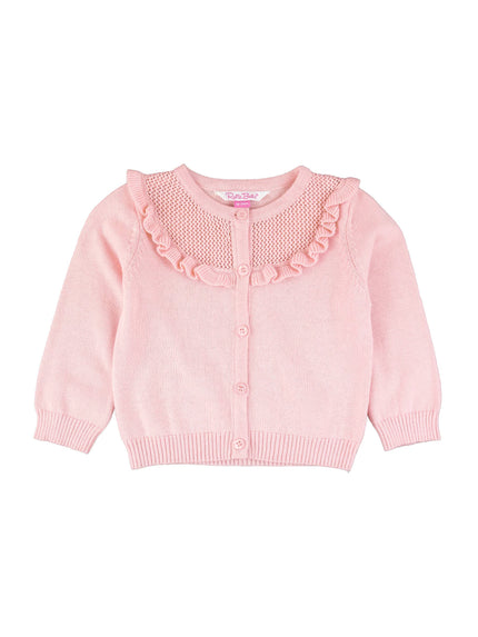 Girls Pink Sweater Knit Ruffle Trim Cardigan