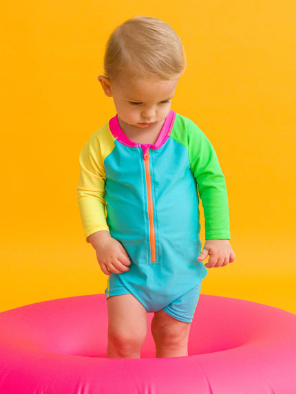 Baby Boys Neon Color Block Long Sleeve One Piece Rash Guard