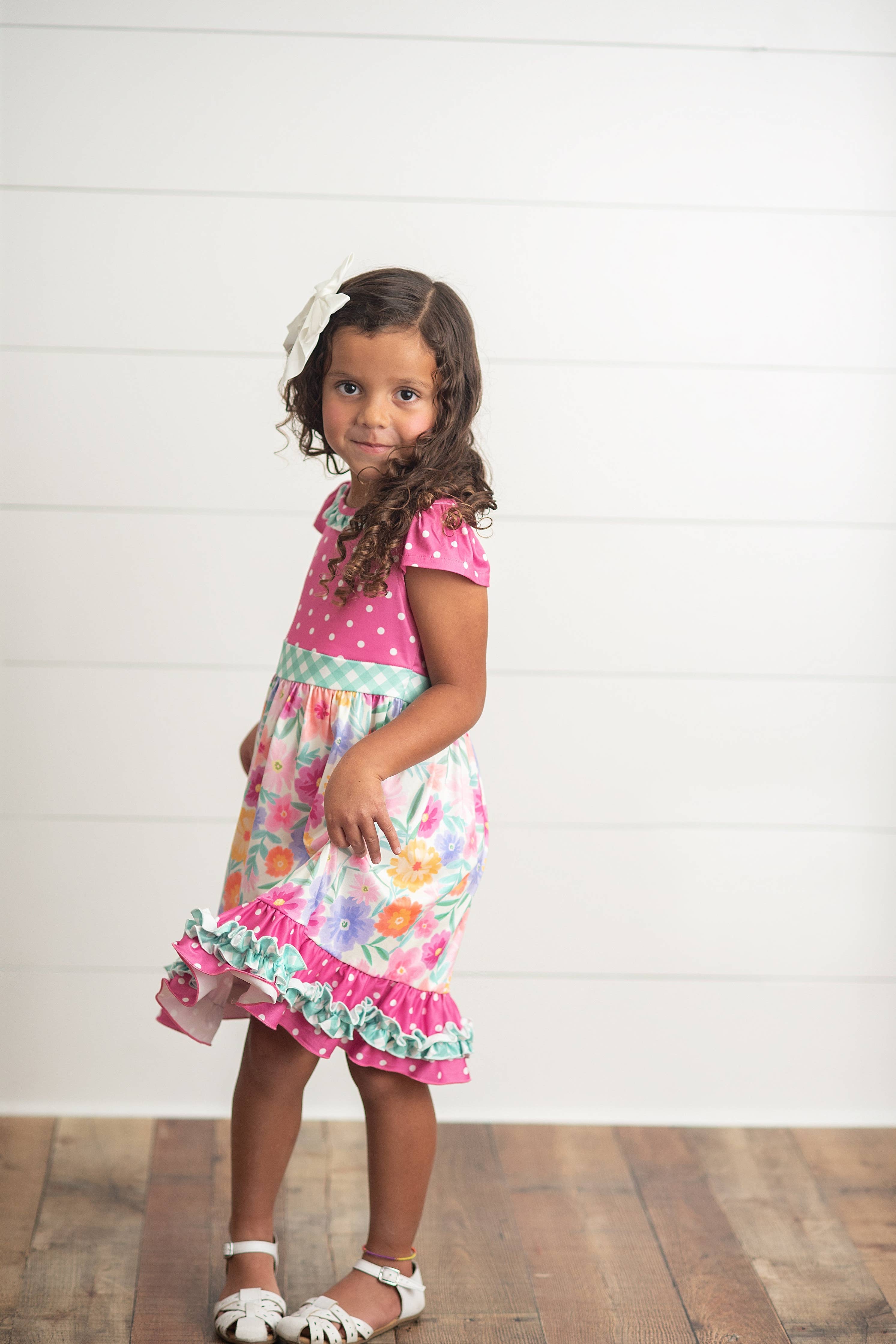 Kids Hot Pink Floral Gingham Spring Easter Ruffle Dress