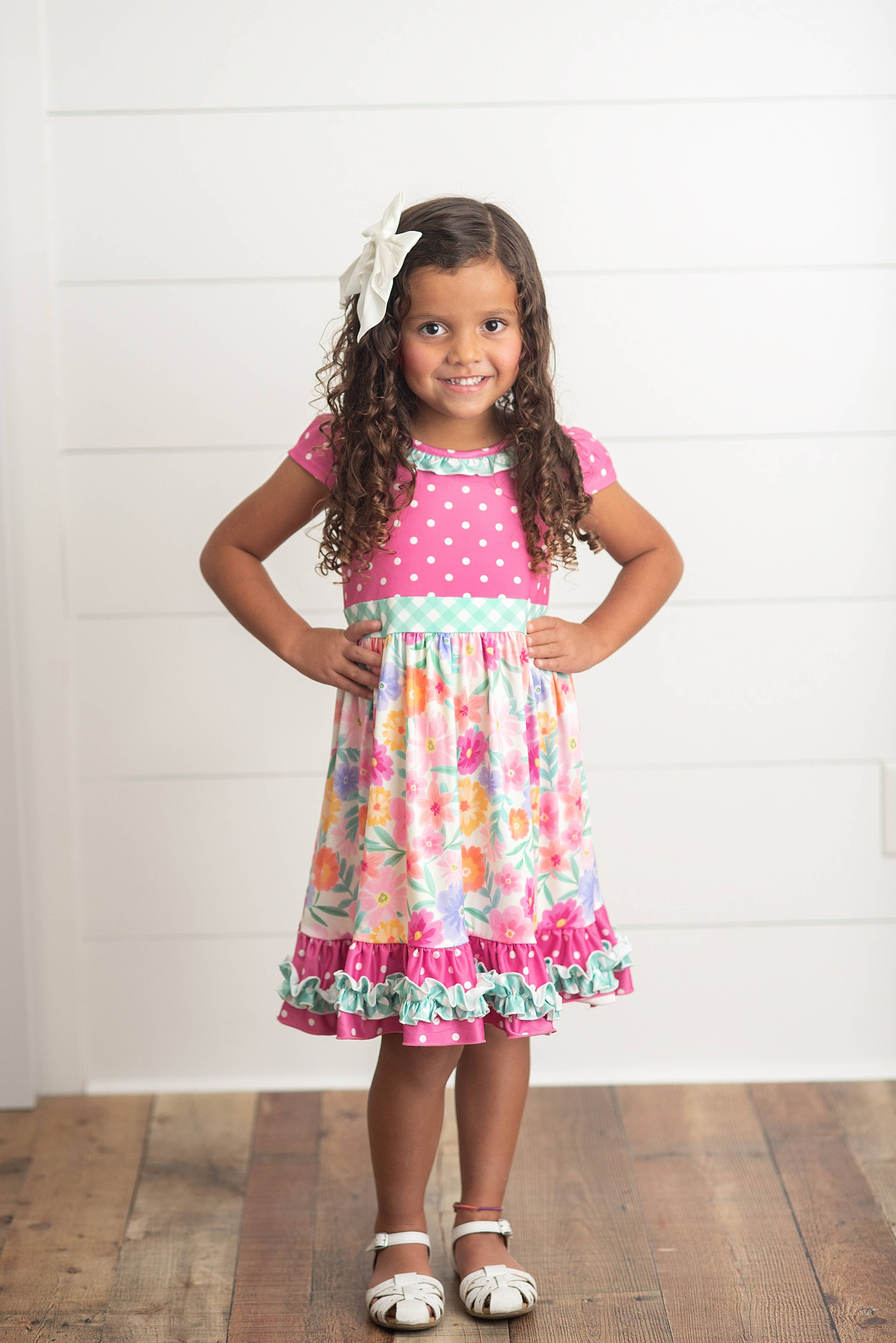 Kids Hot Pink Floral Gingham Spring Easter Ruffle Dress