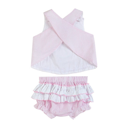 Pink Striped Seersucker Fuzzy Bunny Top and Bloomer Set