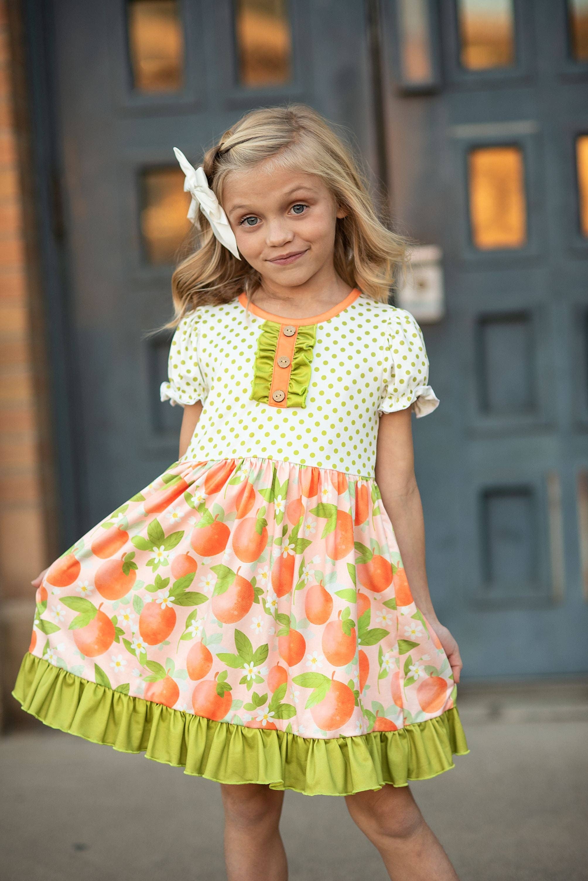 Kids Tangerine Blossom Spring Easter Ruffle Button Dress