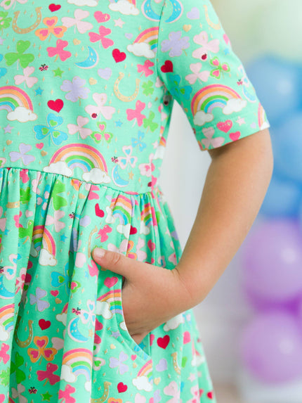 Green Lucky Day Short Sleeve Knit Twirl Dress