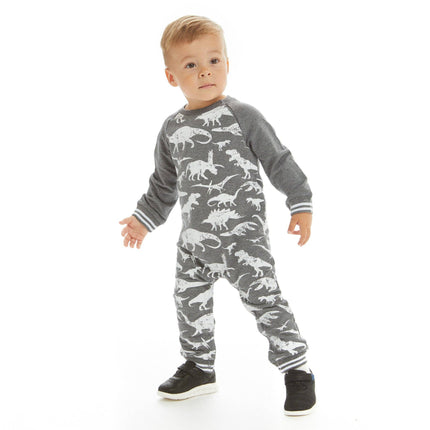 Infant Distressed Dinosaur Crewneck Romper | Grey