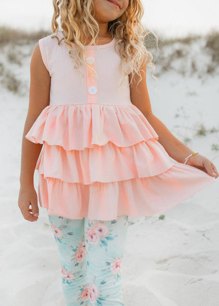 Peach Teal Floral Tiered Ruffle Button Spring Set