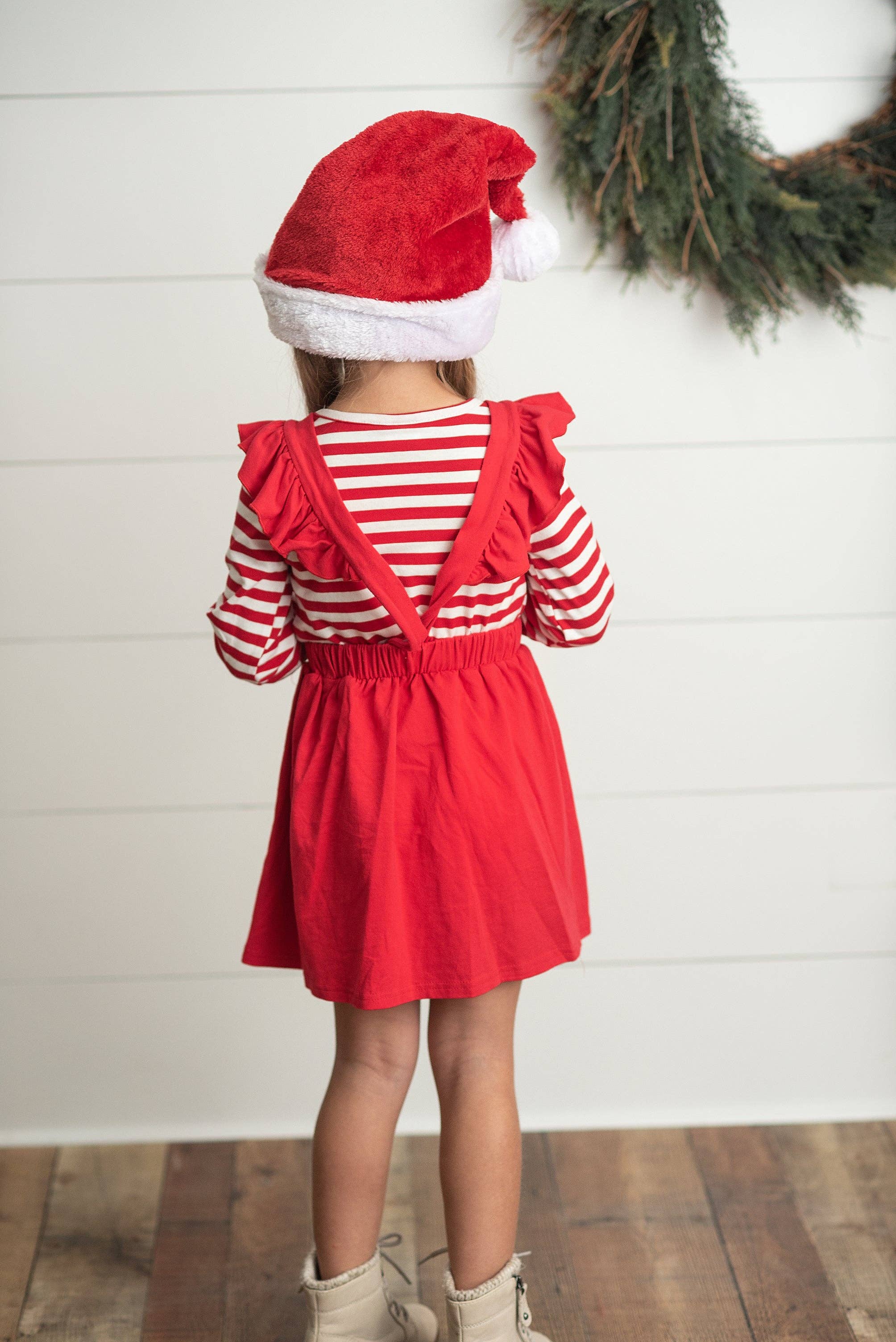 Kids Striped Santa Ruffle Pocket Pinafore Christmas Set