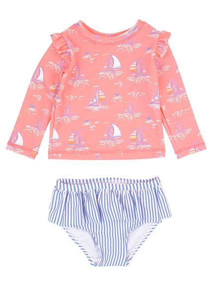 Pink Seas the Day Skirted Flutter Long Sleeve Rash Guard Bikini
