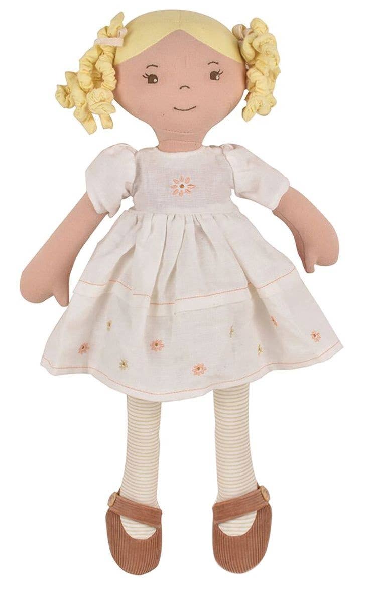 Priscy is a soft doll toy and is wearing a beautiful cream all-natural linen cream dress with matching brown shoes stripy cream tights and cream hair ribbons. Priscy's dress is removable for easy cleaning or you could dress her up in a different outfit for a special occasion. Size 16.5 in Age Recommendation: 0+ months Dress - 70% Cotton 30% Flax Skin and Hair - 100% Cotton Single Jersey Legs - 100% Cotton Printed Single Jersey Filling: 100% recycled PET Fibers Features: Soft body doll with plush hair, and e