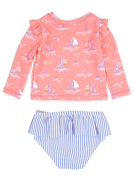 Pink Seas the Day Skirted Flutter Long Sleeve Rash Guard Bikini