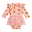 The Pumpkin Blush Long Sleeve Tutu Bodysuit is a fun and festive bodysuit for babies celebrating Fall! Features: * Bodysuit Color: Blush * Graphic Color: Orange, Brown * Material: 95% Cotton/5% Spandex * Features: Snap Closure at back and bottom for easy dressing, elastic empire waist for extra comfort * Fit: Infant Unisex * Care: Machine washable, tumble dry low Pair this tutu bodysuit with a Sweet Wink baby headband for the perfect outfit!