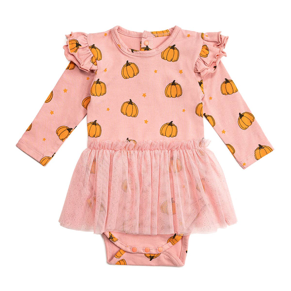 The Pumpkin Blush Long Sleeve Tutu Bodysuit is a fun and festive bodysuit for babies celebrating Fall! Features: * Bodysuit Color: Blush * Graphic Color: Orange, Brown * Material: 95% Cotton/5% Spandex * Features: Snap Closure at back and bottom for easy dressing, elastic empire waist for extra comfort * Fit: Infant Unisex * Care: Machine washable, tumble dry low Pair this tutu bodysuit with a Sweet Wink baby headband for the perfect outfit!