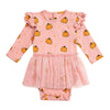 The Pumpkin Blush Long Sleeve Tutu Bodysuit is a fun and festive bodysuit for babies celebrating Fall! Features: * Bodysuit Color: Blush * Graphic Color: Orange, Brown * Material: 95% Cotton/5% Spandex * Features: Snap Closure at back and bottom for easy dressing, elastic empire waist for extra comfort * Fit: Infant Unisex * Care: Machine washable, tumble dry low Pair this tutu bodysuit with a Sweet Wink baby headband for the perfect outfit!