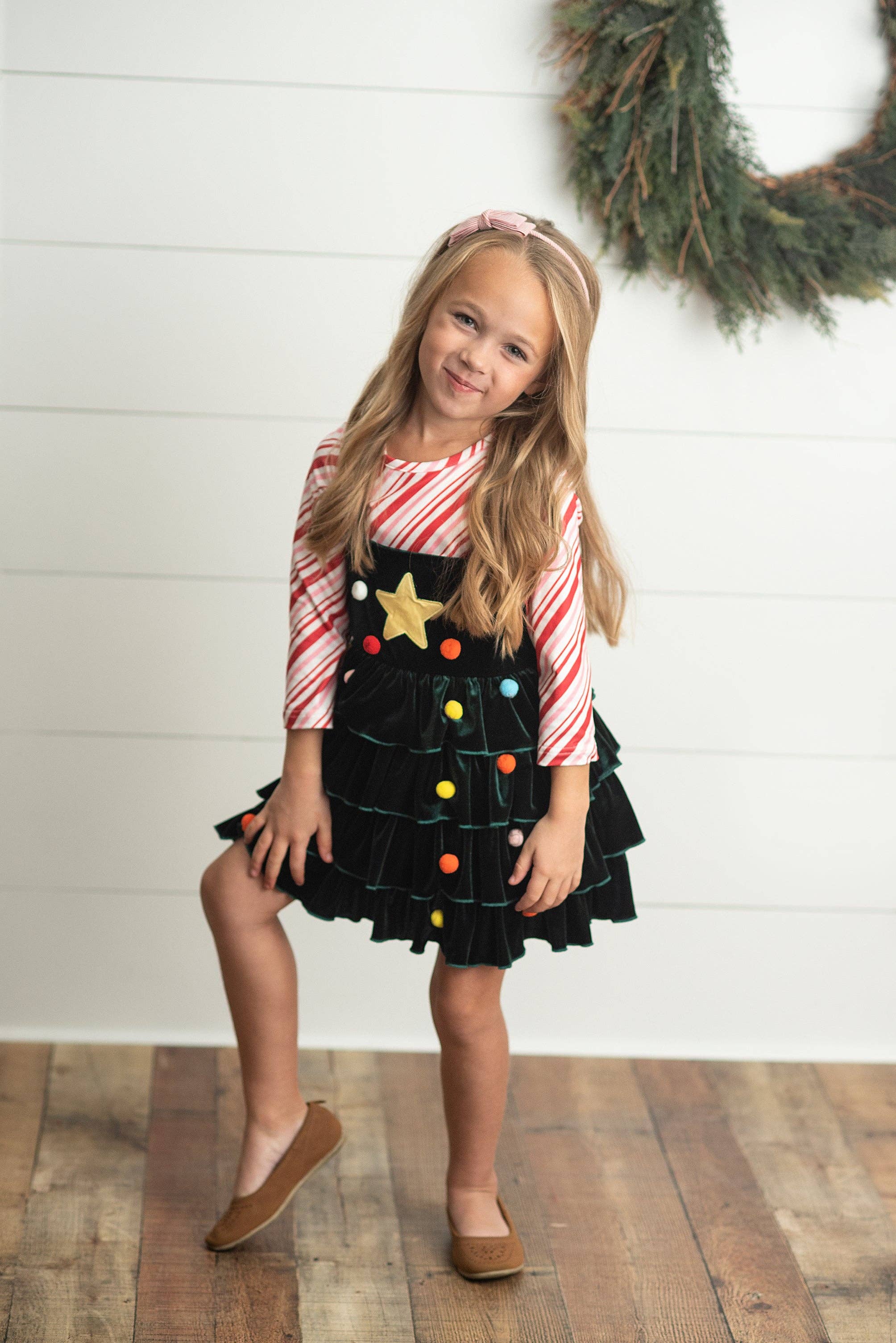 Kids Candy Cane & Velvet Christmas Tree Holiday Dress Set