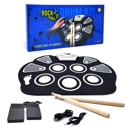 Rock And Roll It - Classic Drum • One of the best selling line; multiple Awards: Music Inc – Editor’s Choice / ASTRA Best Toy Award / TOTY 2019 • Classic Black & White Electronic Drum • High Quality, Portable & Flexible Silicone Drum Pad • Includes 2 drum sticks, 1 USB power cord (wall plug not included), 2 foot pedals (bass drum/hi-hat), 1 3.5mm male-to-male • USB Or 2 AAA Batteries Powered • Professional Sounds • Features: - Multiple Drum Tones/Realistic Sounds - Multiple Demo Songs & Instrume