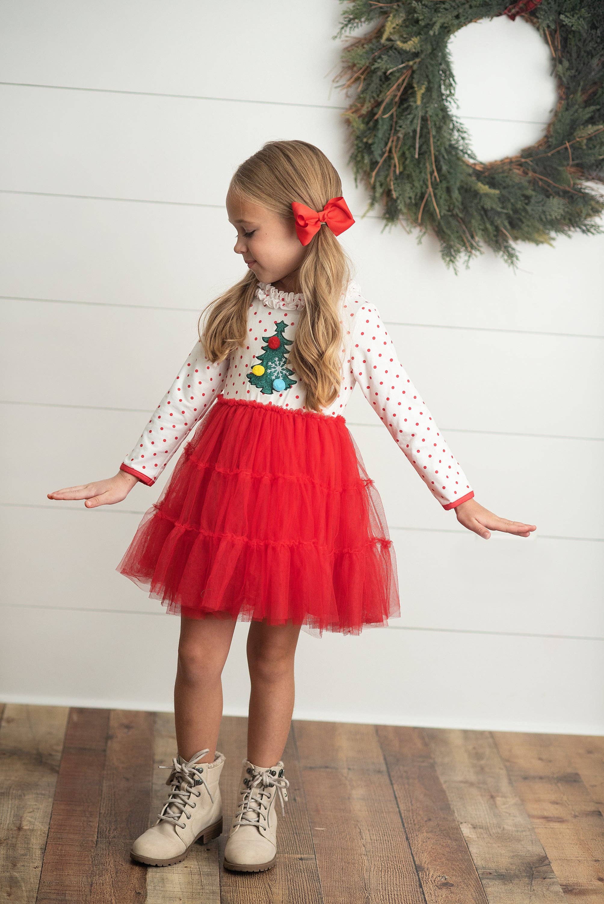 Kids Red & White Dot Pom Pom Christmas Tree Tulle Dress