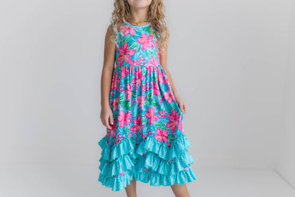 Pink Blue Tropical 3 Ruffle Spring Summer Easter Dress