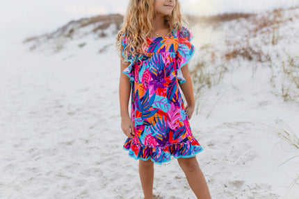 Bright Pink Blue Tropical Ruffle Spring Summer Dress