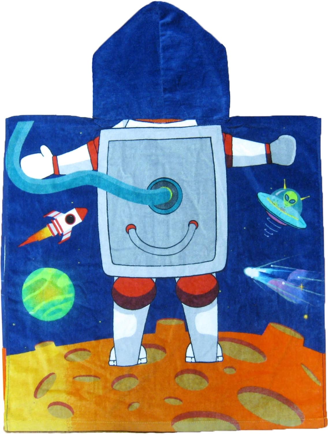 This is an adorable and colorful astronaut-themed poncho-style hooded towel made of 100% cotton. It is suitable for children aged approximately between 1 to 8 years old and has double-sided graphics on the front and back.