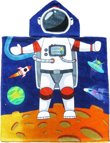 This is an adorable and colorful astronaut-themed poncho-style hooded towel made of 100% cotton. It is suitable for children aged approximately between 1 to 8 years old and has double-sided graphics on the front and back.