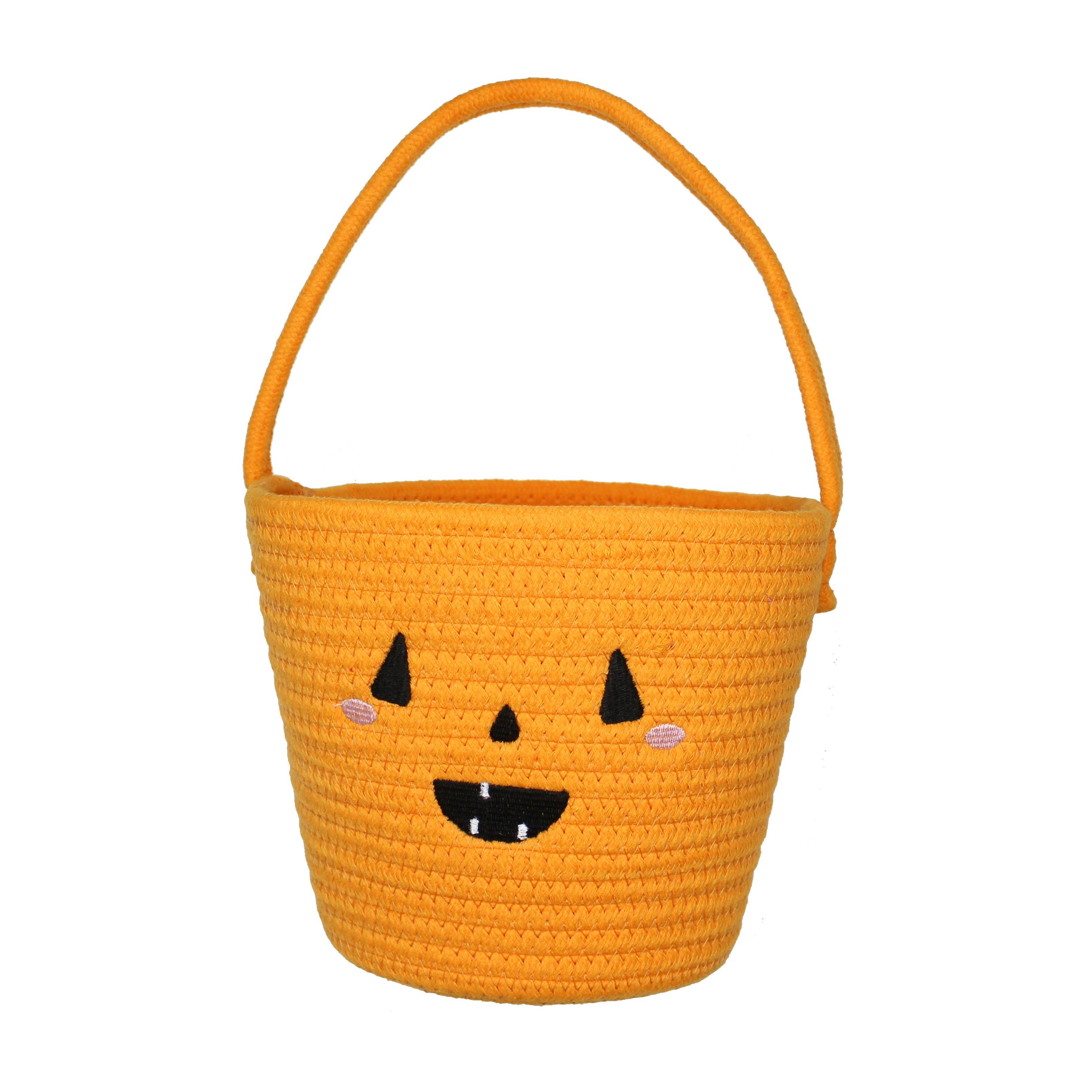 An adorable pumpkin themed Halloween basket, perfect as a gift basket or for trick-or-treating. Your little one will be the most stylish kid in the neighborhood gathering candy with their pumpkin pal, complete with lovable Jack-o’-lantern face. Color: Orange Fabric: Cotton rope woven basket Size: 11.5 x 7.5 x 8.5 inches Imported