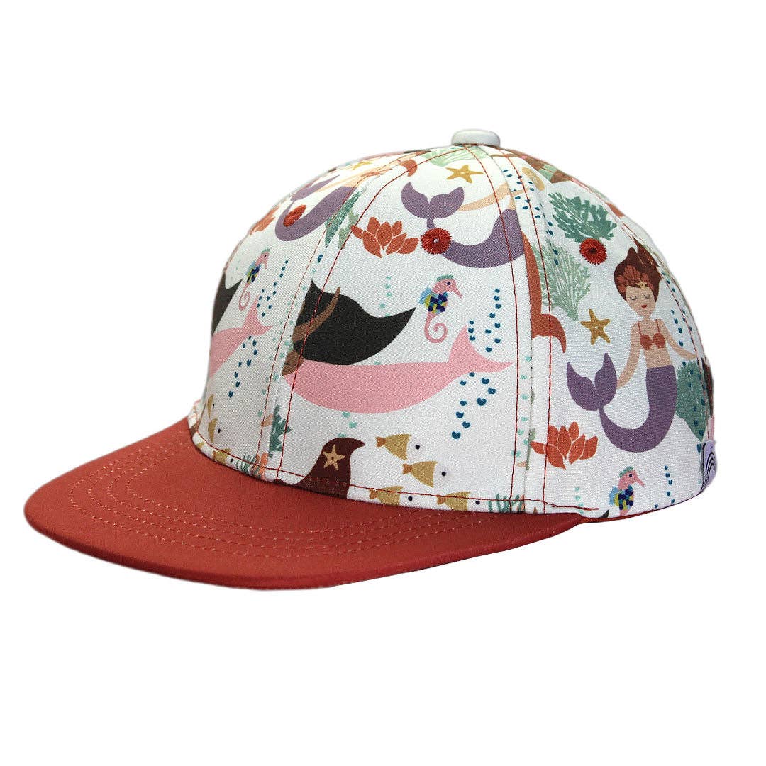 Our new adorable snapback hat for babies and toddlers, featuring our Making Waves mermaids print!