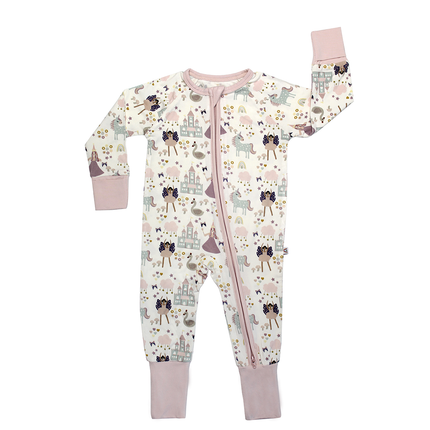 The softest bamboo baby pajamas in our Once Upon a Time pattern! Little girls will love this fairy tale themed print full of princesses and unicorns.