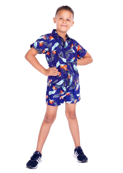 Kids' Dark Ocean Blue Floral Print Set