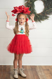 Kids Red & White Dot Pom Pom Christmas Tree Tulle Dress