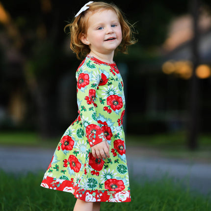 AnnLoren Girls Christmas Red Floral Cotton Holiday Dress