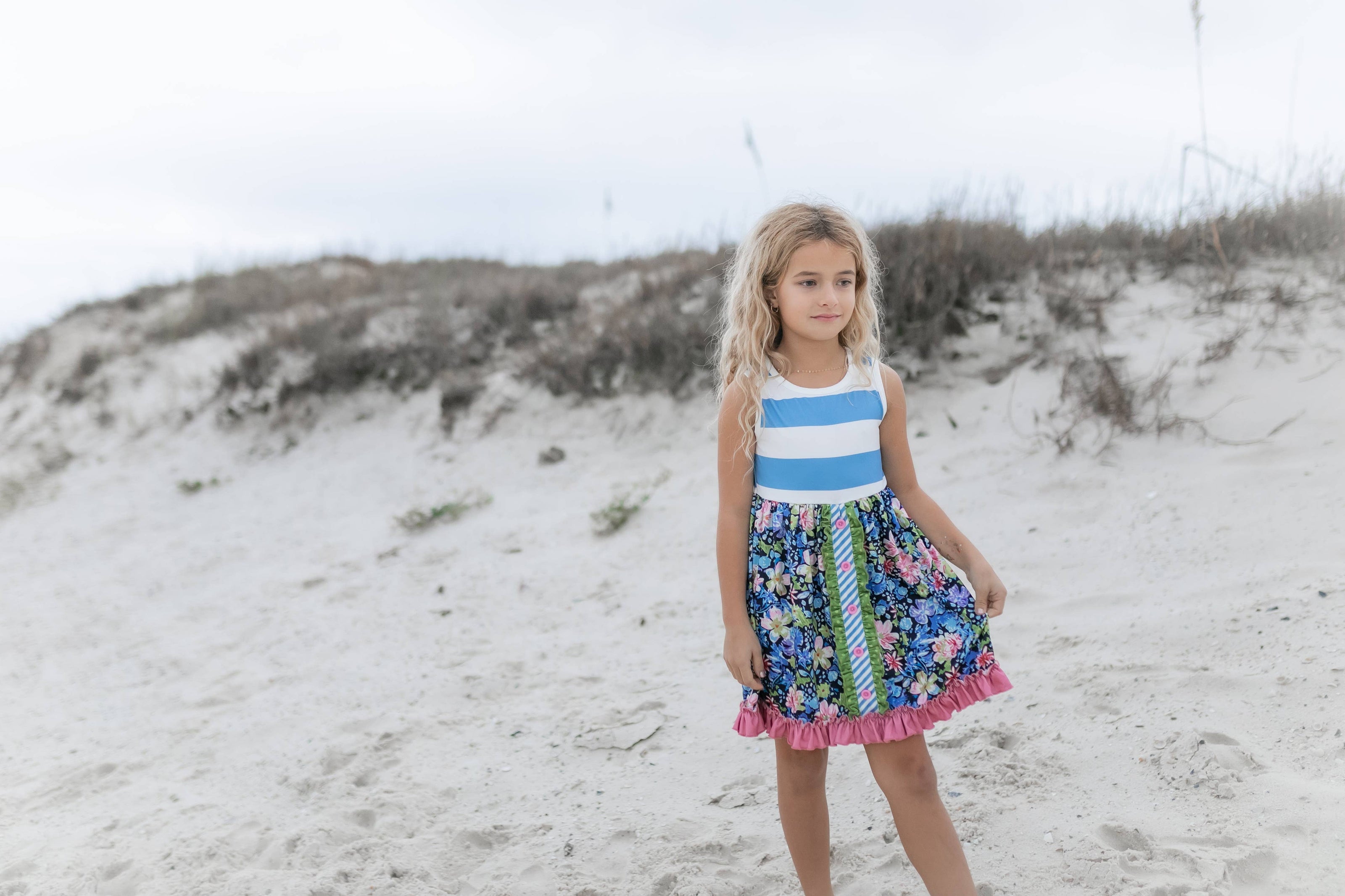 Kids Pink & Blue Wide Stripe Floral Ruffle Easter Dress