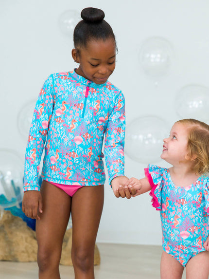 Tween Girls Ocean Tides Long Sleeve Zipper Rash Guard Set